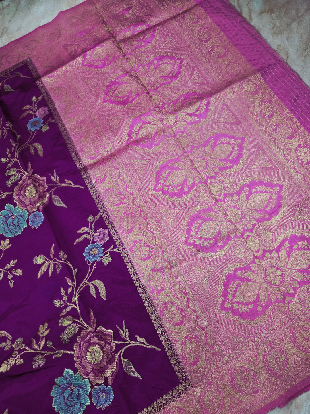 RUSSIAN SILK IN DEEP PURPLE WITH PINK BORDER