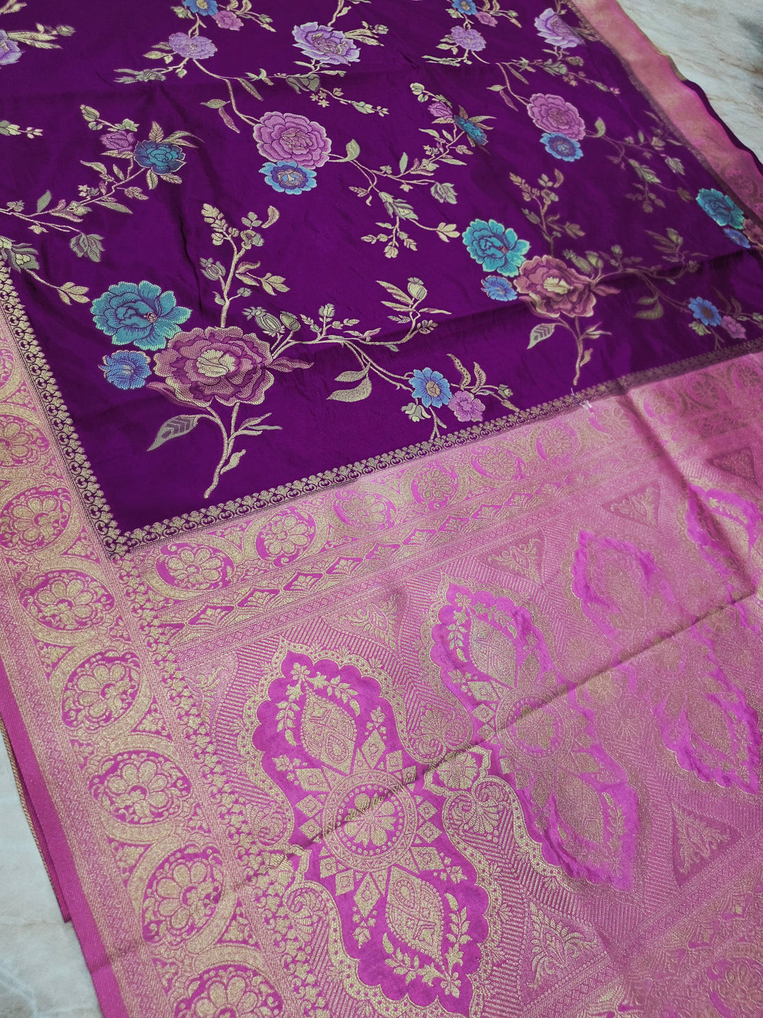RUSSIAN SILK IN DEEP PURPLE WITH PINK BORDER