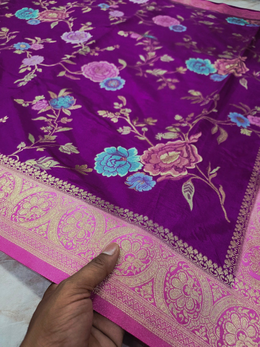 RUSSIAN SILK IN DEEP PURPLE WITH PINK BORDER