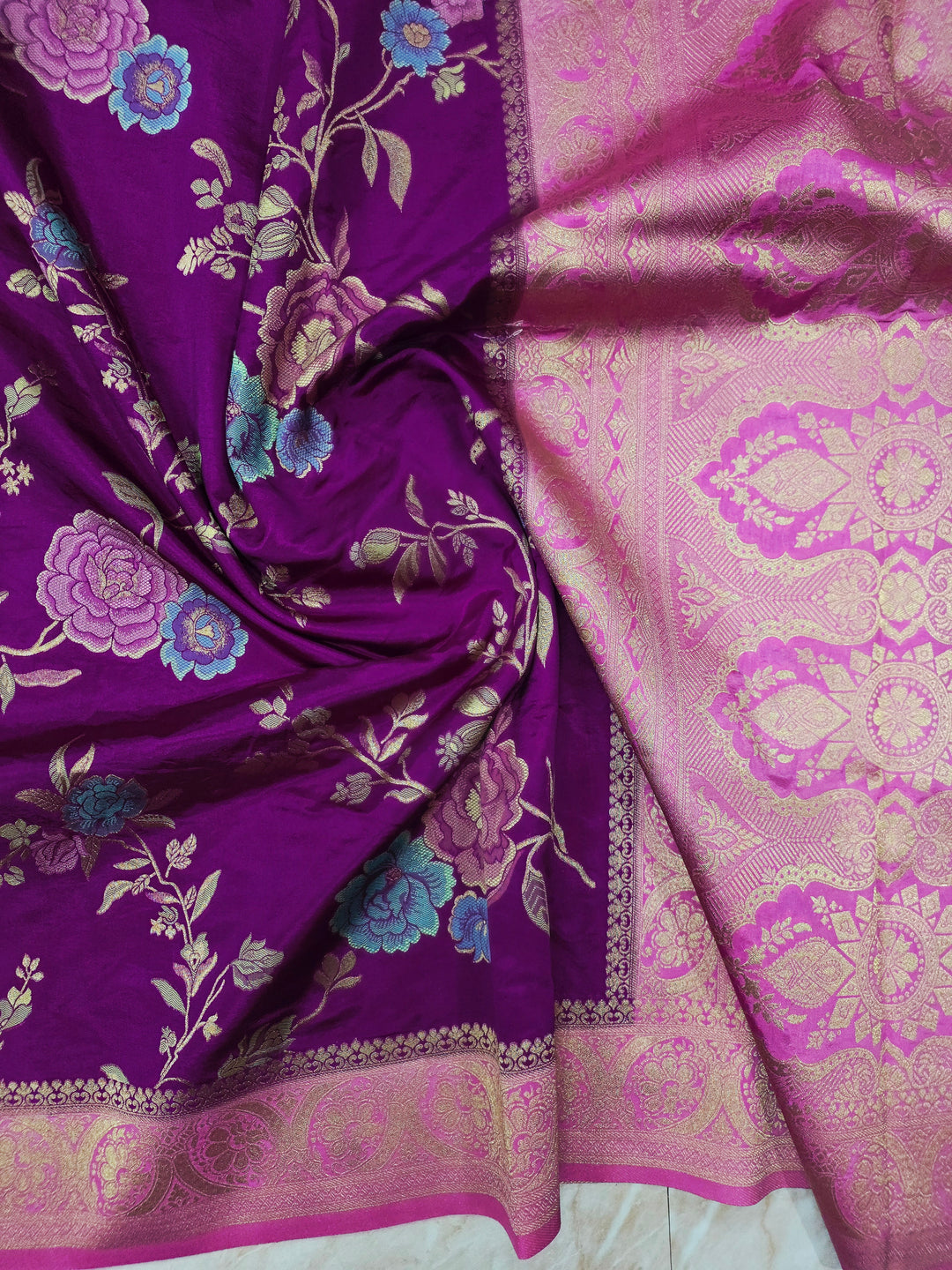 RUSSIAN SILK IN DEEP PURPLE WITH PINK BORDER