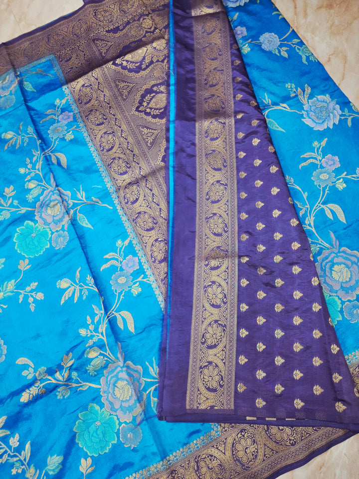 RUSSIAN SILK IN FEROZI BLUE WITH NAVY BLUE BORDER