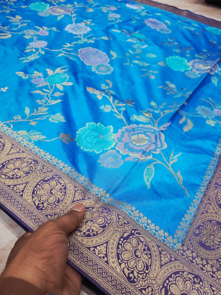RUSSIAN SILK IN FEROZI BLUE WITH NAVY BLUE BORDER