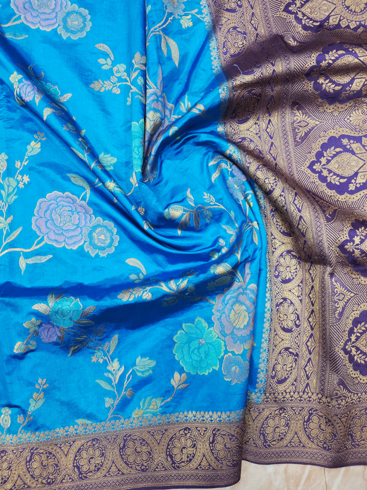 RUSSIAN SILK IN FEROZI BLUE WITH NAVY BLUE BORDER