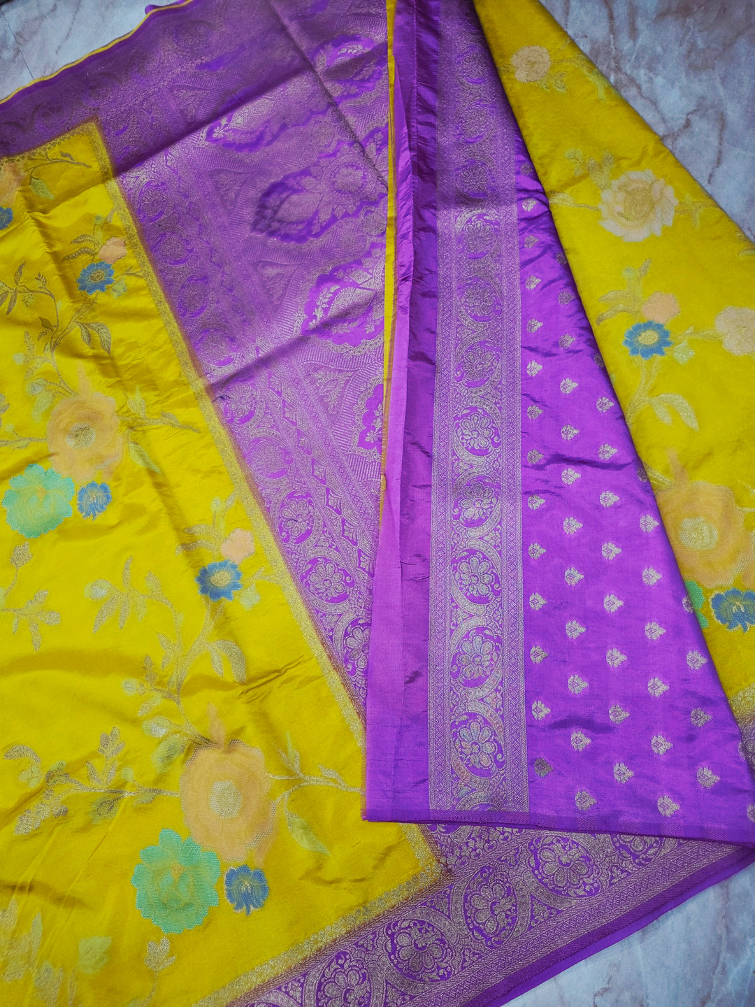 RUSSIAN SILK IN GOLD WITH LAVENDER BORDER
