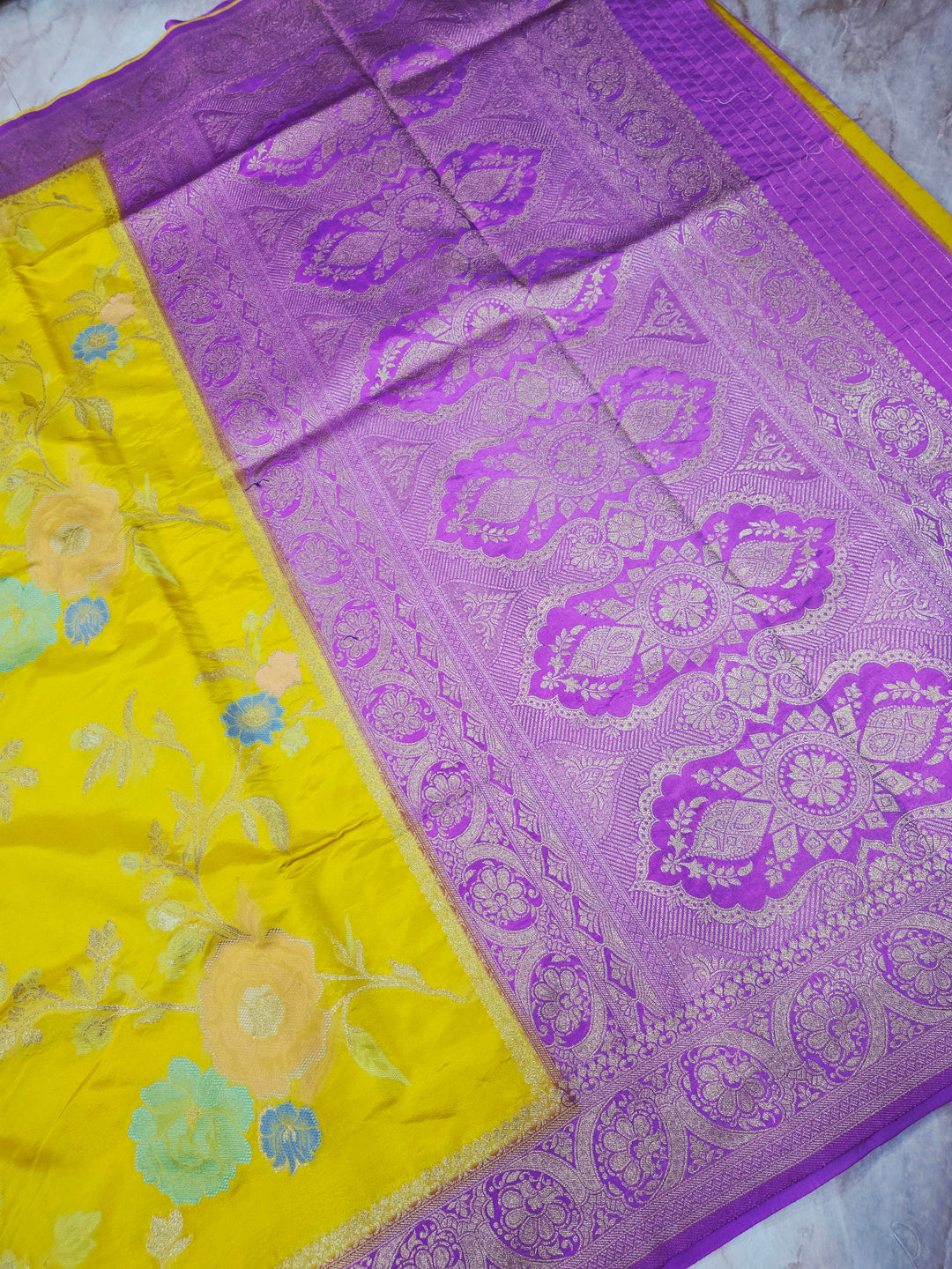 RUSSIAN SILK IN GOLD WITH LAVENDER BORDER