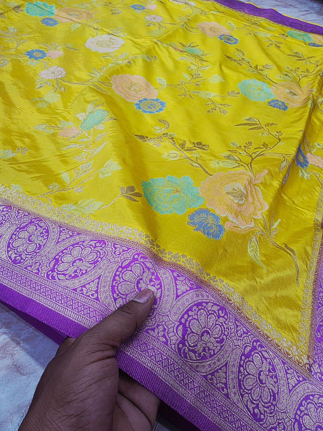 RUSSIAN SILK IN GOLD WITH LAVENDER BORDER