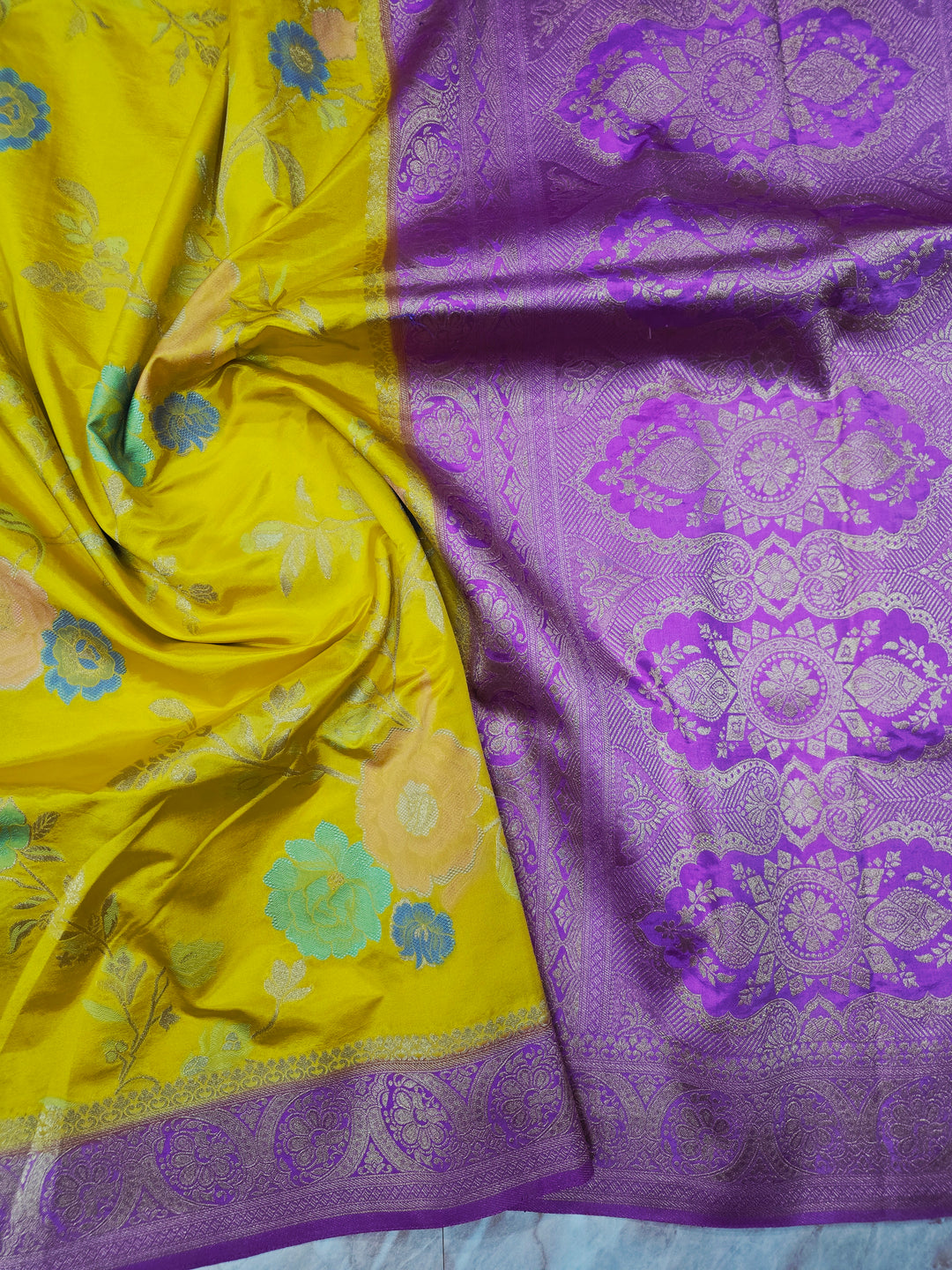 RUSSIAN SILK IN GOLD WITH LAVENDER BORDER