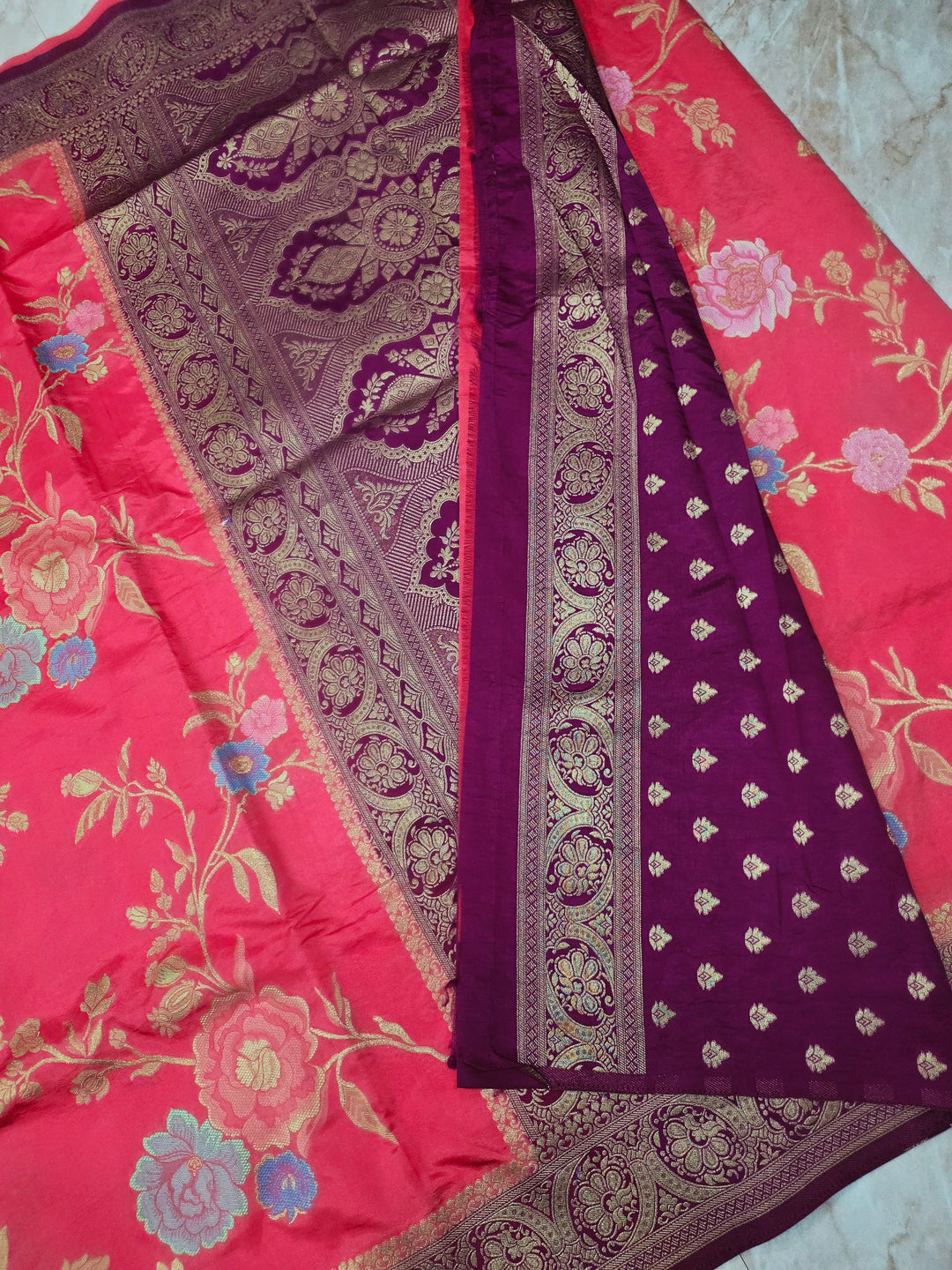 RUSSIAN SILK IN PEACH WITH MAGENTA BORDER