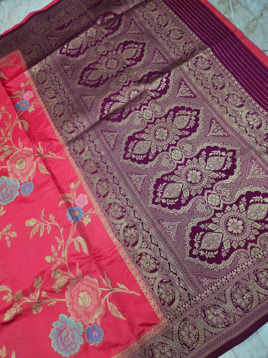 RUSSIAN SILK IN PEACH WITH MAGENTA BORDER