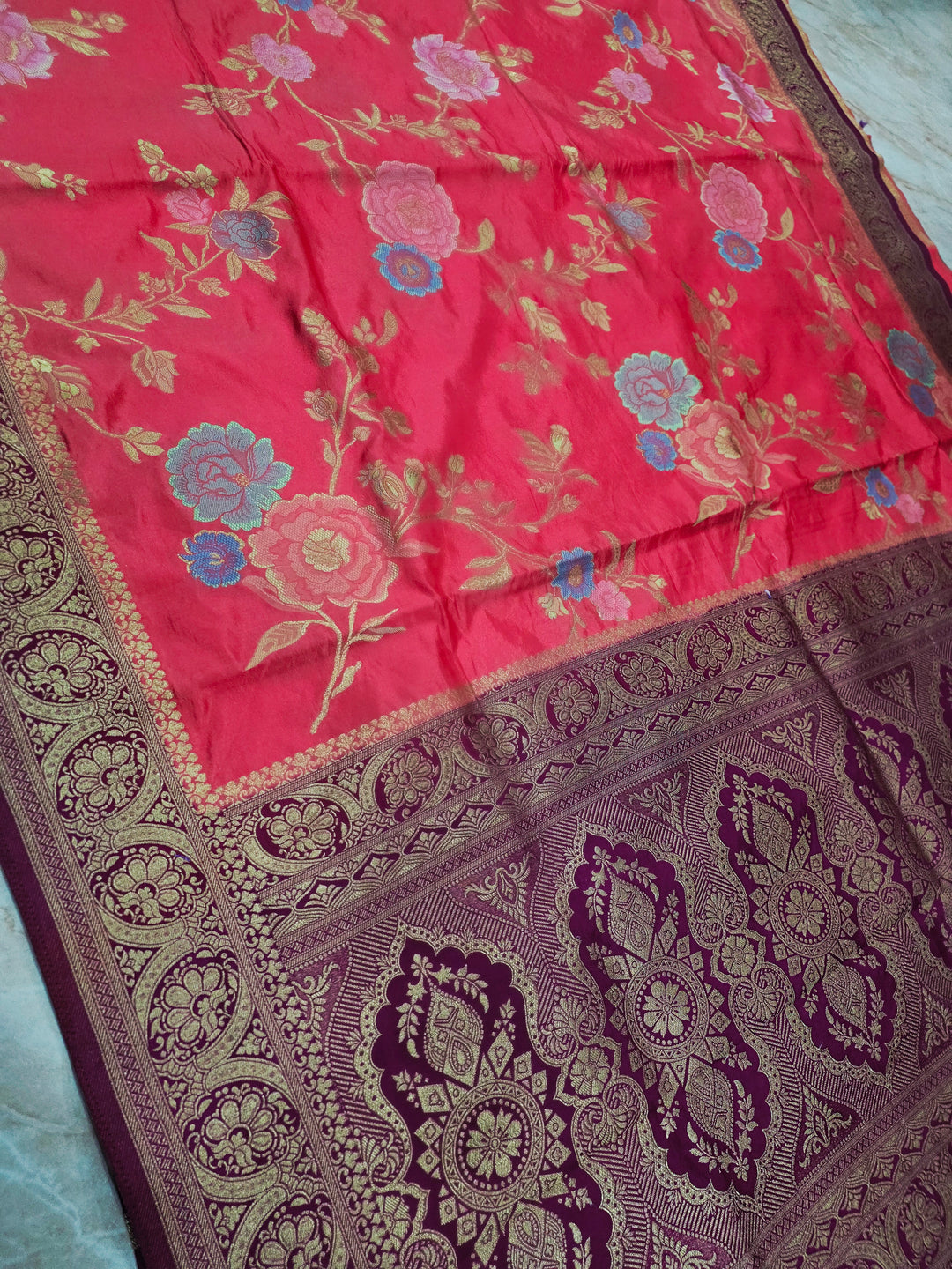 RUSSIAN SILK IN PEACH WITH MAGENTA BORDER
