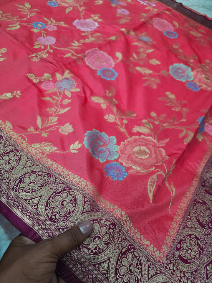 RUSSIAN SILK IN PEACH WITH MAGENTA BORDER