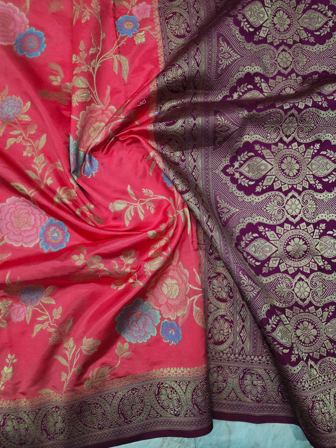 RUSSIAN SILK IN PEACH WITH MAGENTA BORDER