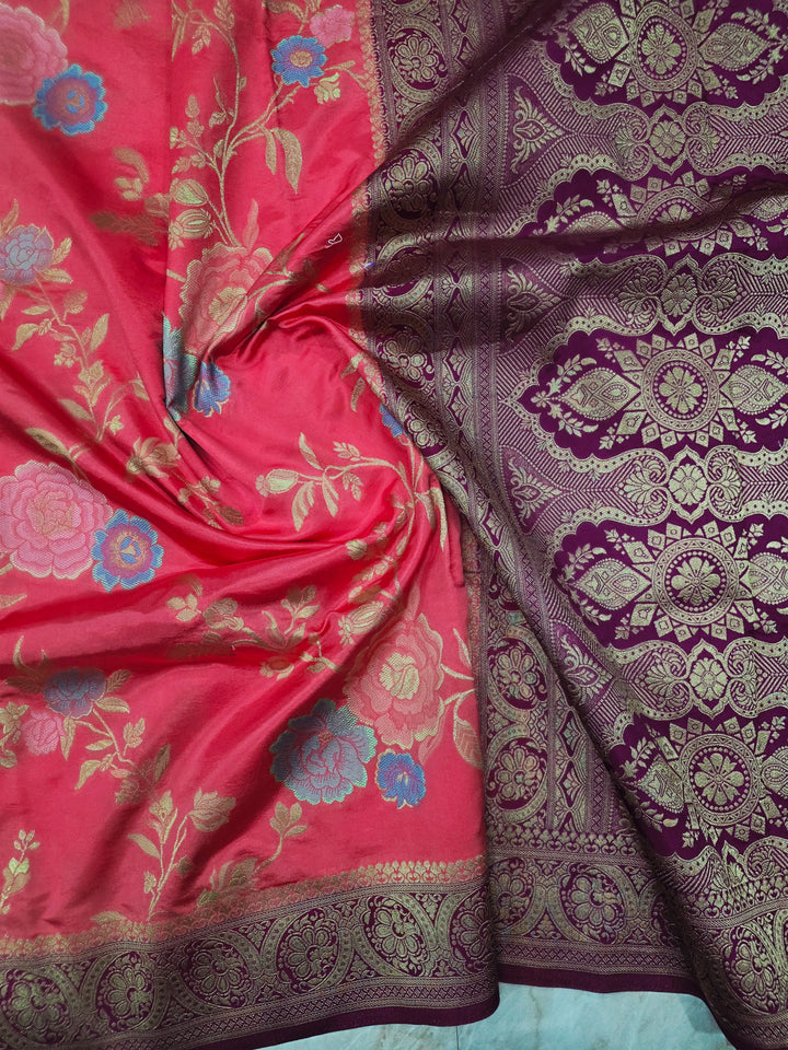 RUSSIAN SILK IN PEACH WITH MAGENTA BORDER