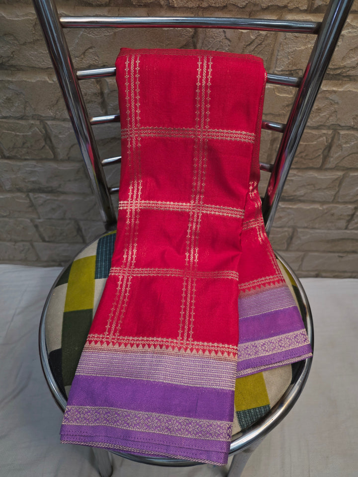 CREPE GEORGTTE IN RED WITH LAVENDER BORDER