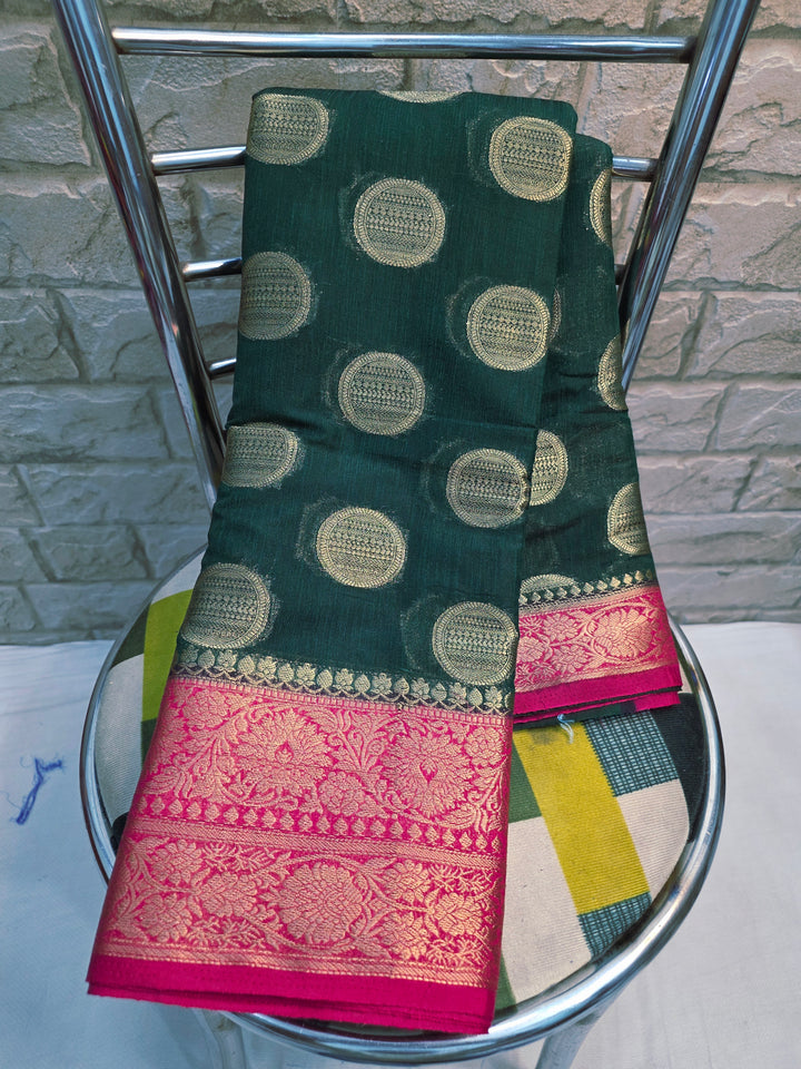 BANARASI SILK IN BOTTLE GREEN WITH RANI BORDER