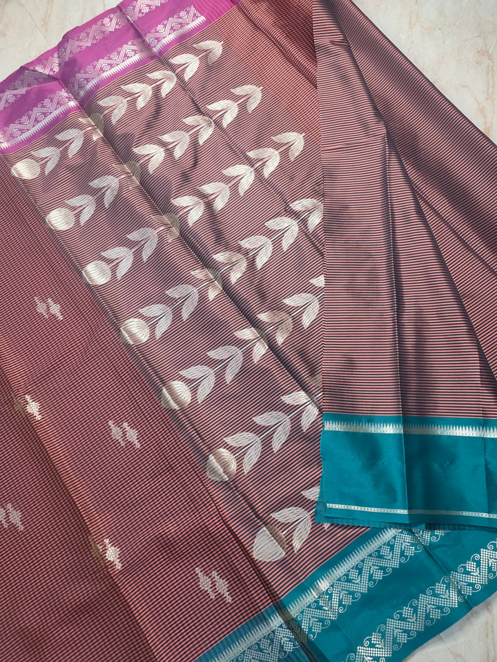 BANARASI KATAN PATTU IN CHOCOLATE COLOUR WITH RAMA GREEN BORDER