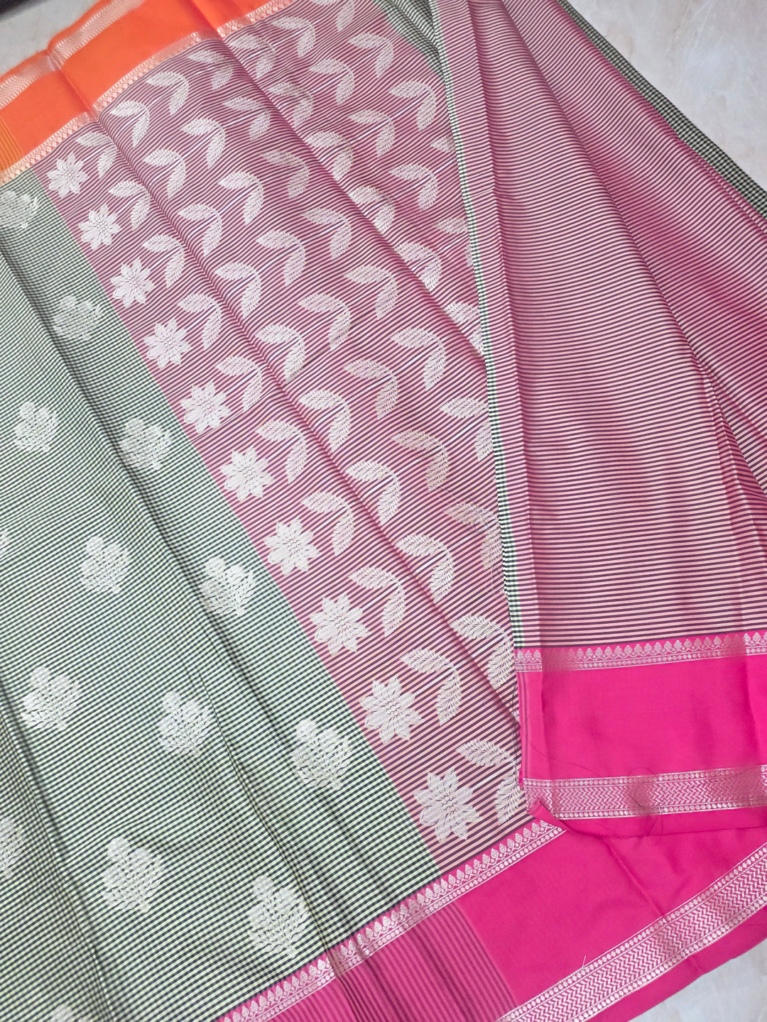 BANARASI KATAN PATTU WITH UNIFORM CHECKS IN ORANGE AND PINK BORDERS