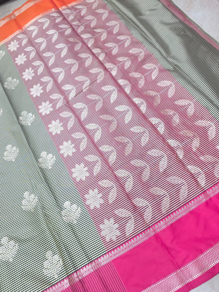 BANARASI KATAN PATTU WITH UNIFORM CHECKS IN ORANGE AND PINK BORDERS
