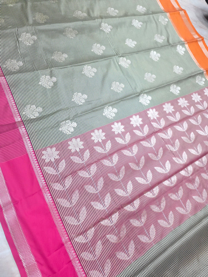 BANARASI KATAN PATTU WITH UNIFORM CHECKS IN ORANGE AND PINK BORDERS