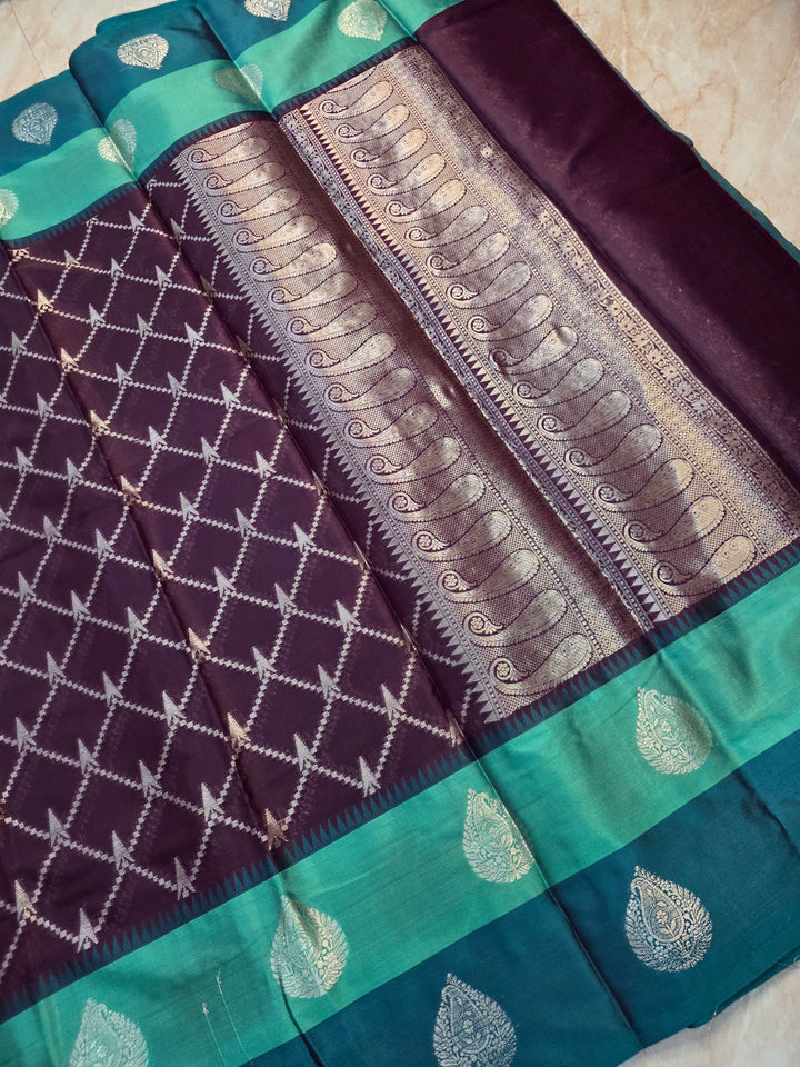 BANARASI KATAN PATTU IN MAGENTA WITH SEA GREEN AND RAMA GREEN BORDER