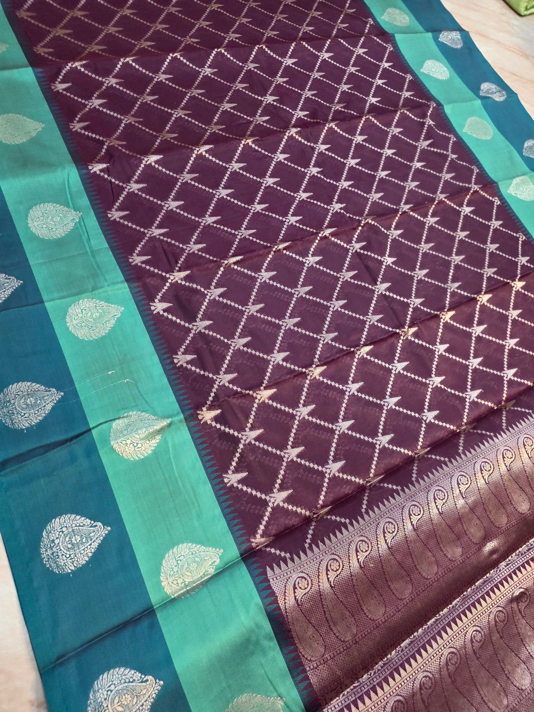 BANARASI KATAN PATTU IN MAGENTA WITH SEA GREEN AND RAMA GREEN BORDER