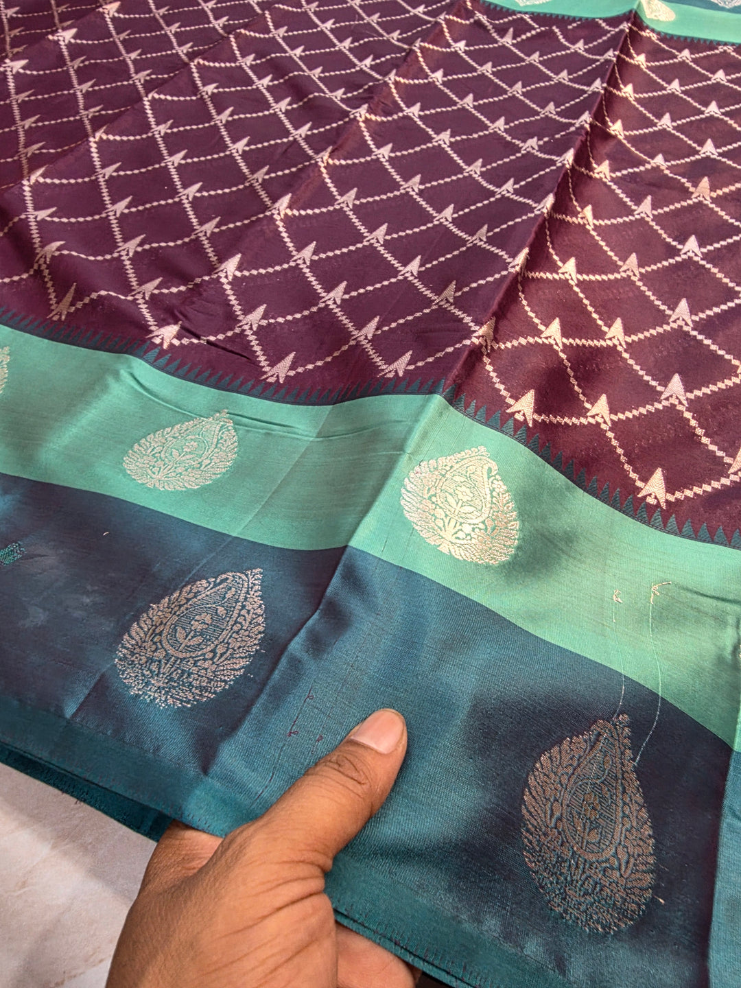 BANARASI KATAN PATTU IN MAGENTA WITH SEA GREEN AND RAMA GREEN BORDER