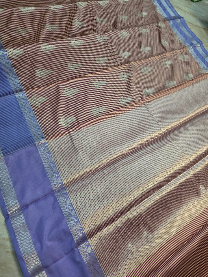 BANARASI KATAN PATTU CREAM/MAROON CHECKS COLOUR WITH MOV BORDER
