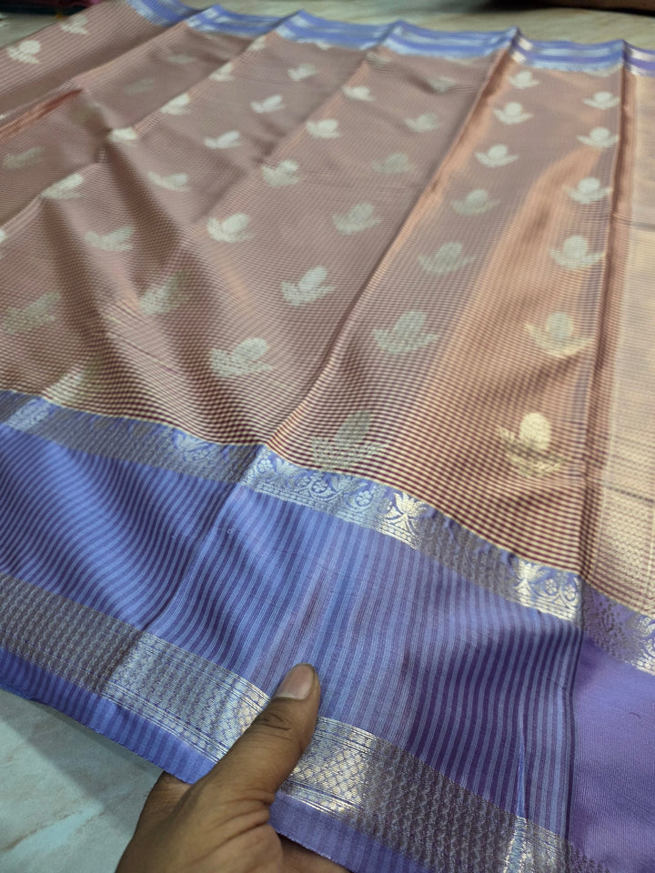 BANARASI KATAN PATTU CREAM/MAROON CHECKS COLOUR WITH MOV BORDER