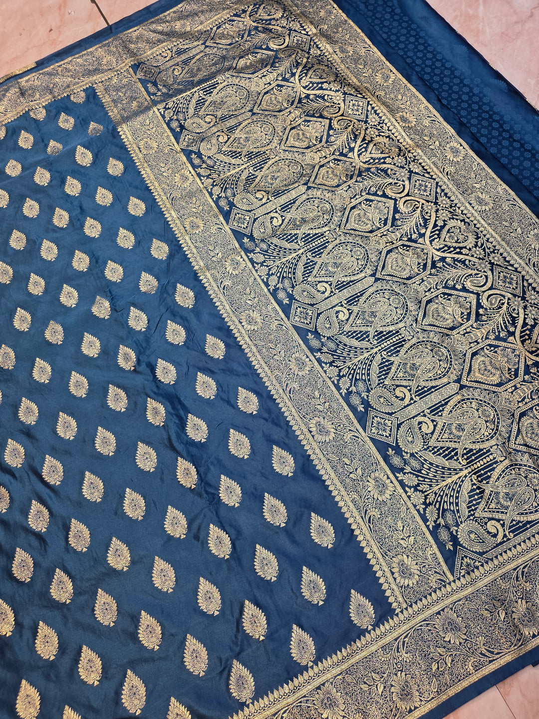 MASHR KATAN SILK IN ROYAL BLUE WITH GOLD ZARI BOOTI