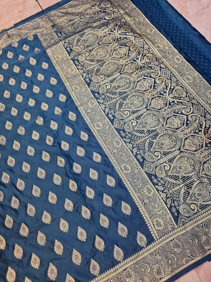 MASHR KATAN SILK IN ROYAL BLUE WITH GOLD ZARI BOOTI