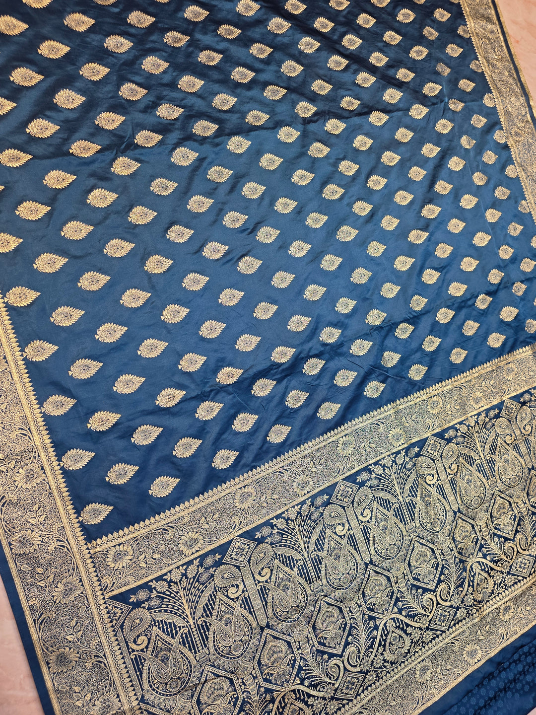 MASHR KATAN SILK IN ROYAL BLUE WITH GOLD ZARI BOOTI