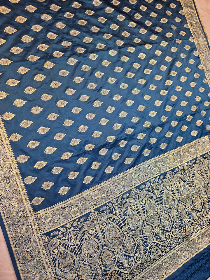 MASHR KATAN SILK IN ROYAL BLUE WITH GOLD ZARI BOOTI