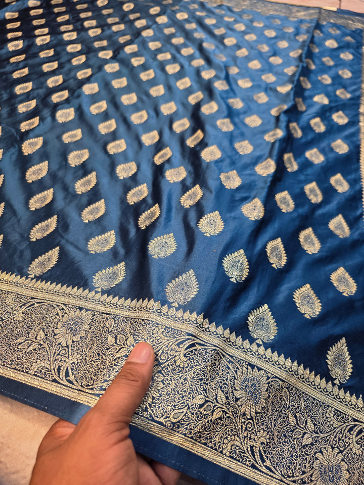 MASHR KATAN SILK IN ROYAL BLUE WITH GOLD ZARI BOOTI