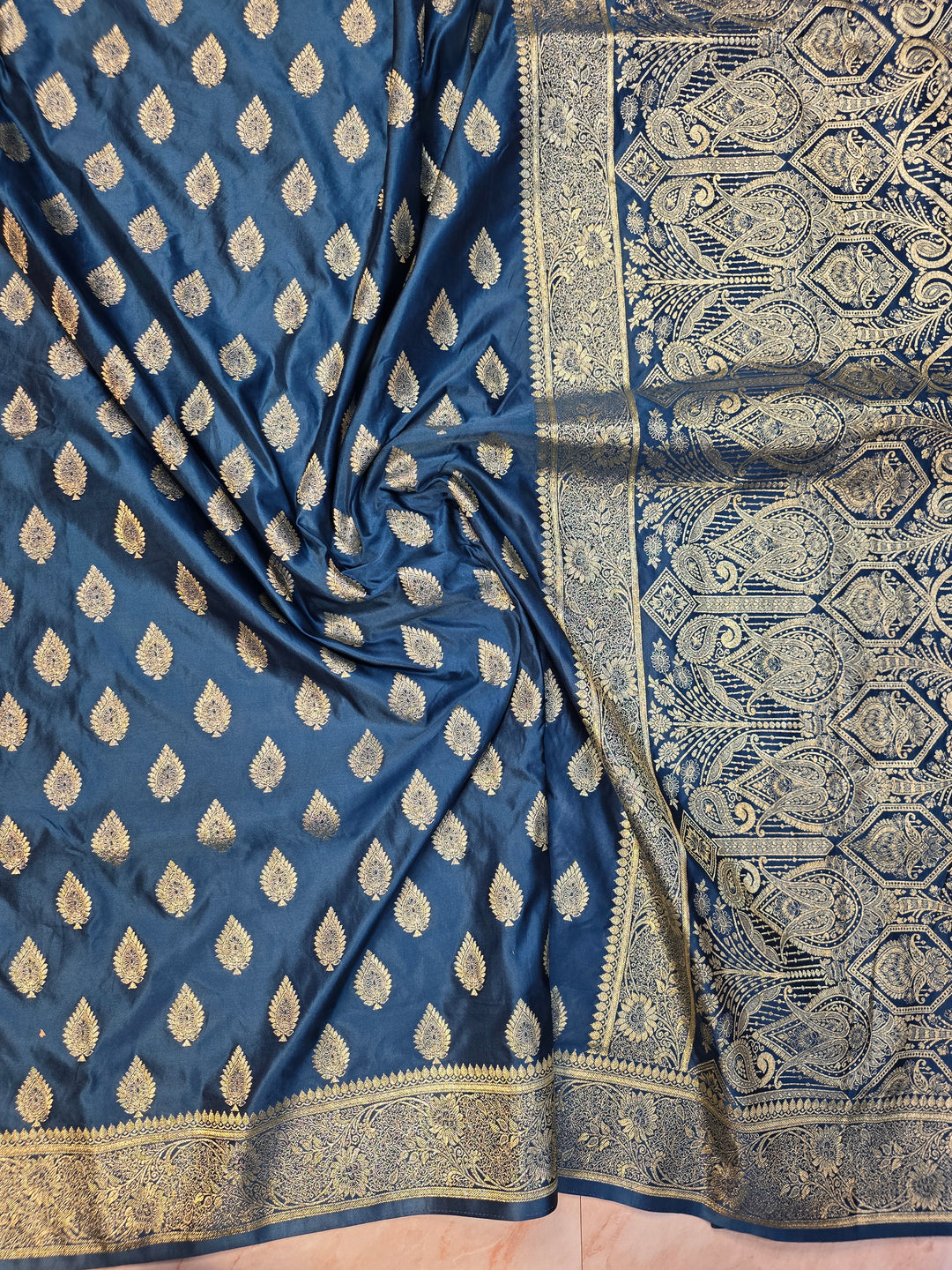 MASHR KATAN SILK IN ROYAL BLUE WITH GOLD ZARI BOOTI