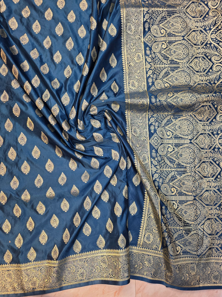 MASHR KATAN SILK IN ROYAL BLUE WITH GOLD ZARI BOOTI