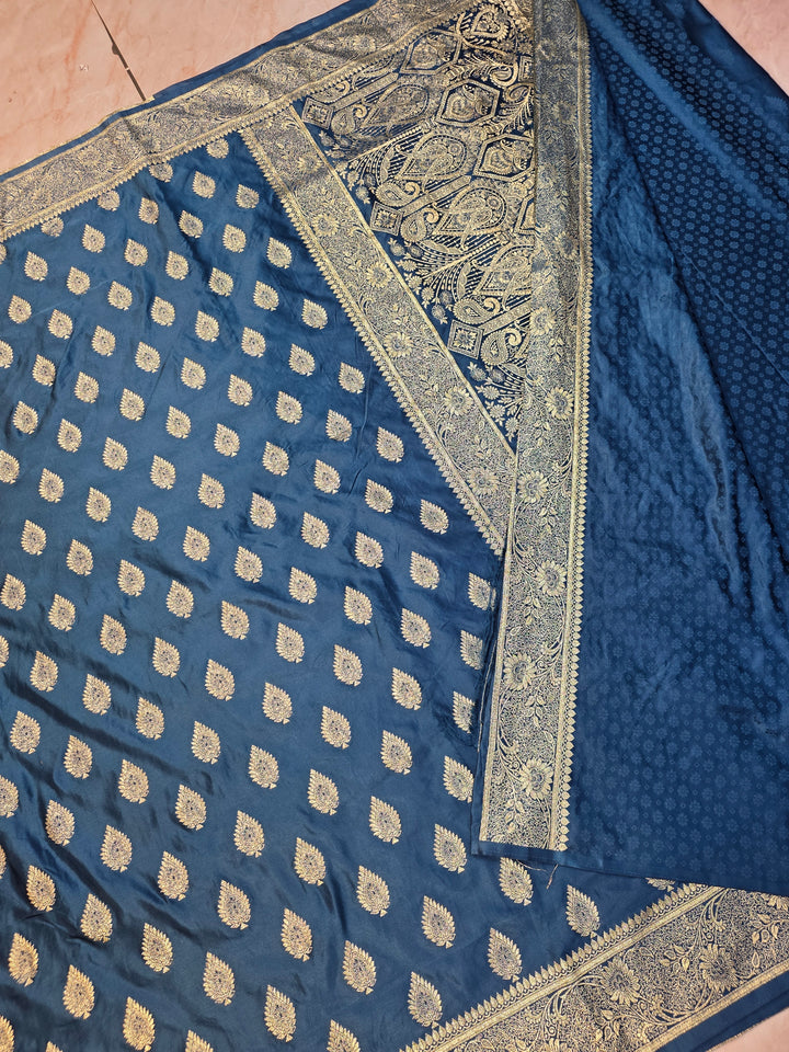 MASHR KATAN SILK IN ROYAL BLUE WITH GOLD ZARI BOOTI