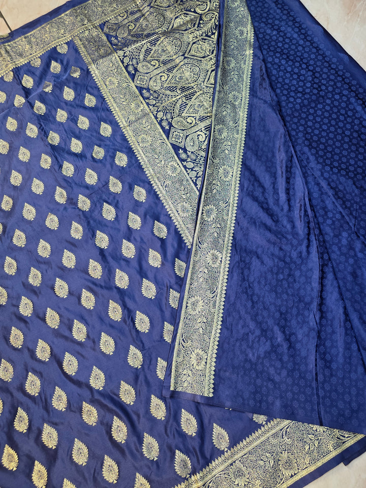 MASHR KATAN SILK IN NAVY BLUE WITH GOLD ZARI WORK BOOTI