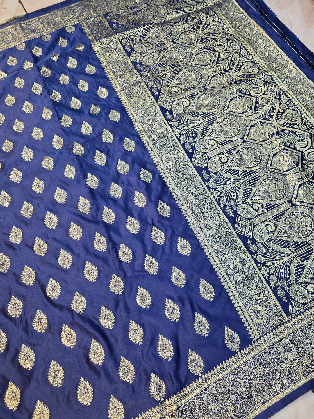 MASHR KATAN SILK IN NAVY BLUE WITH GOLD ZARI WORK BOOTI
