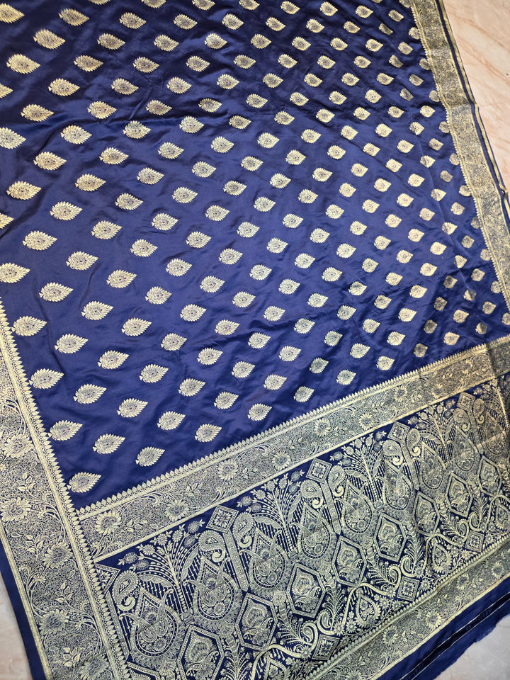 MASHR KATAN SILK IN NAVY BLUE WITH GOLD ZARI WORK BOOTI