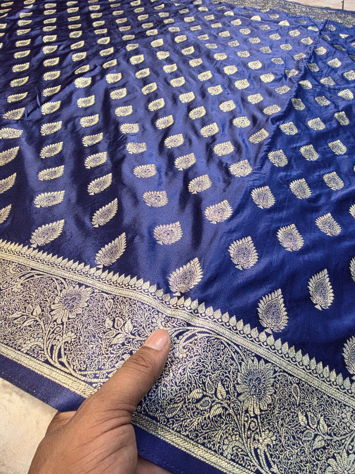 MASHR KATAN SILK IN NAVY BLUE WITH GOLD ZARI WORK BOOTI