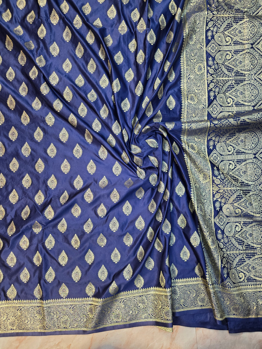 MASHR KATAN SILK IN NAVY BLUE WITH GOLD ZARI WORK BOOTI
