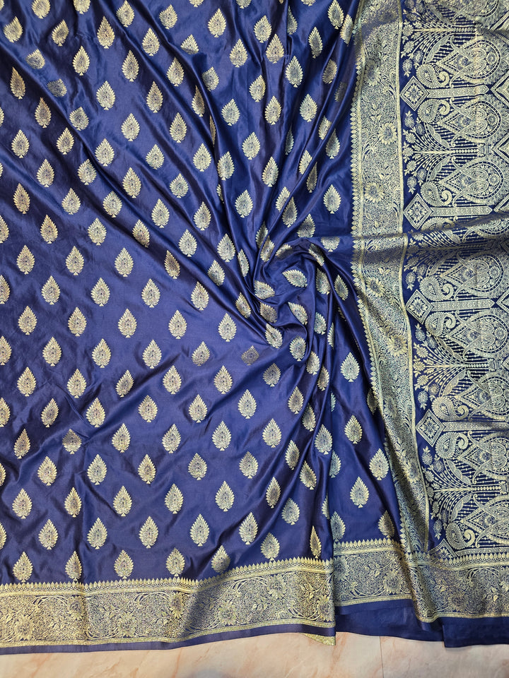 MASHR KATAN SILK IN NAVY BLUE WITH GOLD ZARI WORK BOOTI
