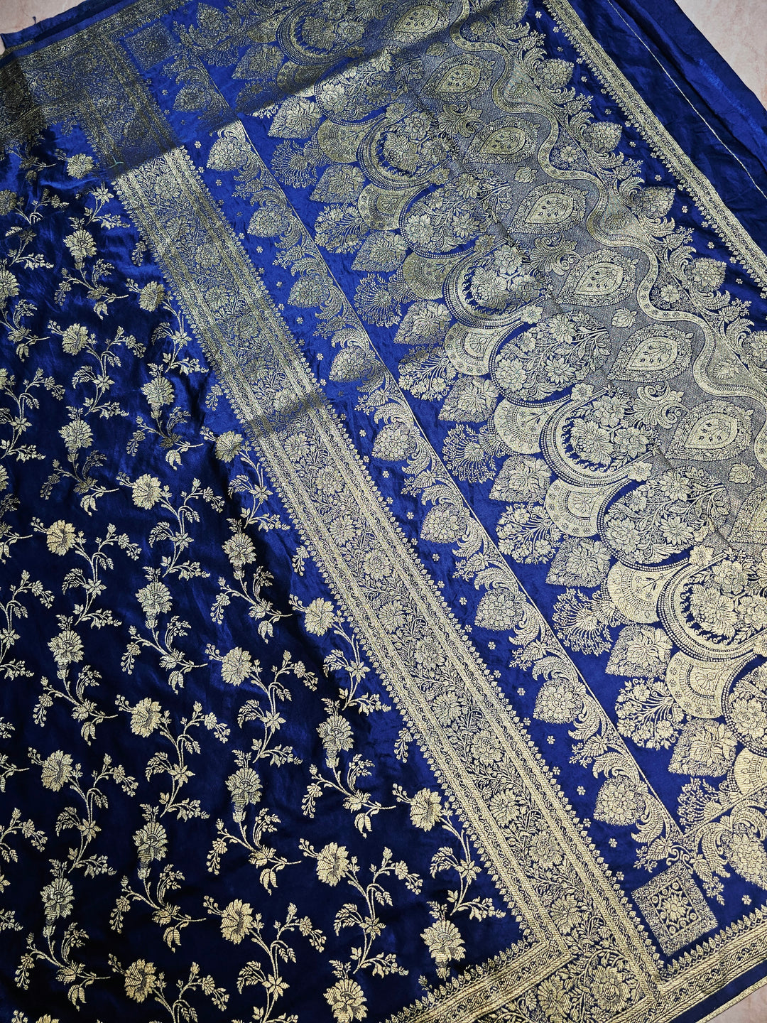 MASHRU KATAN SILK IN NAVY BLUE WITH GOLD ZARI WORK