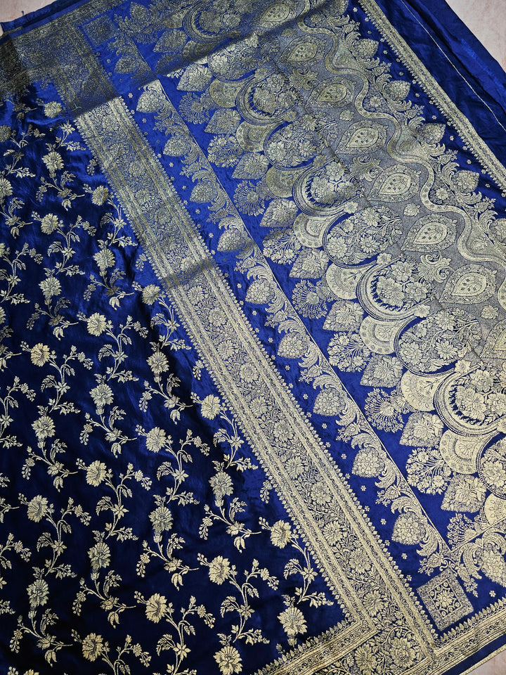 MASHRU KATAN SILK IN NAVY BLUE WITH GOLD ZARI WORK