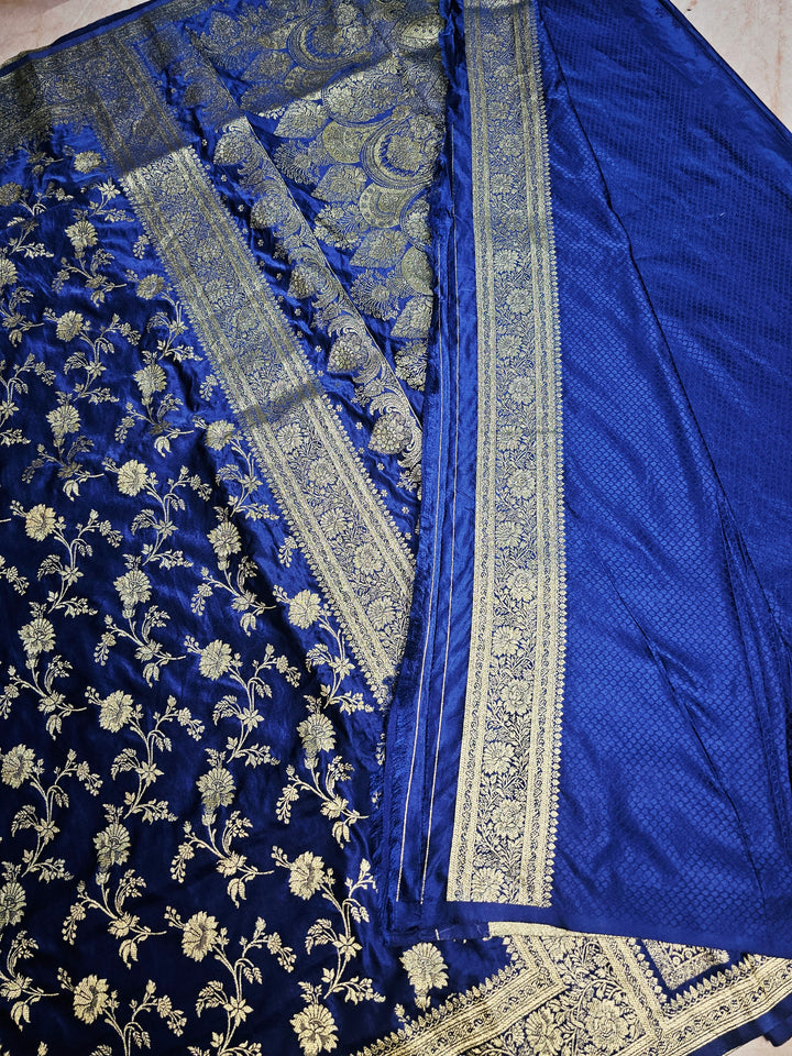 MASHRU KATAN SILK IN NAVY BLUE WITH GOLD ZARI WORK