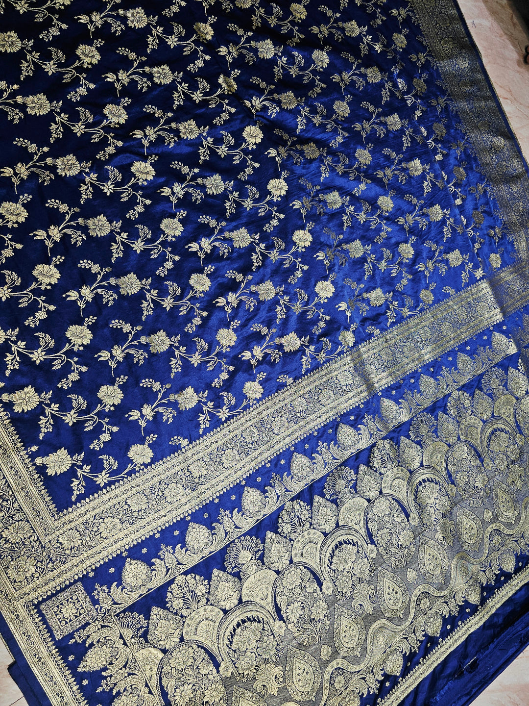 MASHRU KATAN SILK IN NAVY BLUE WITH GOLD ZARI WORK
