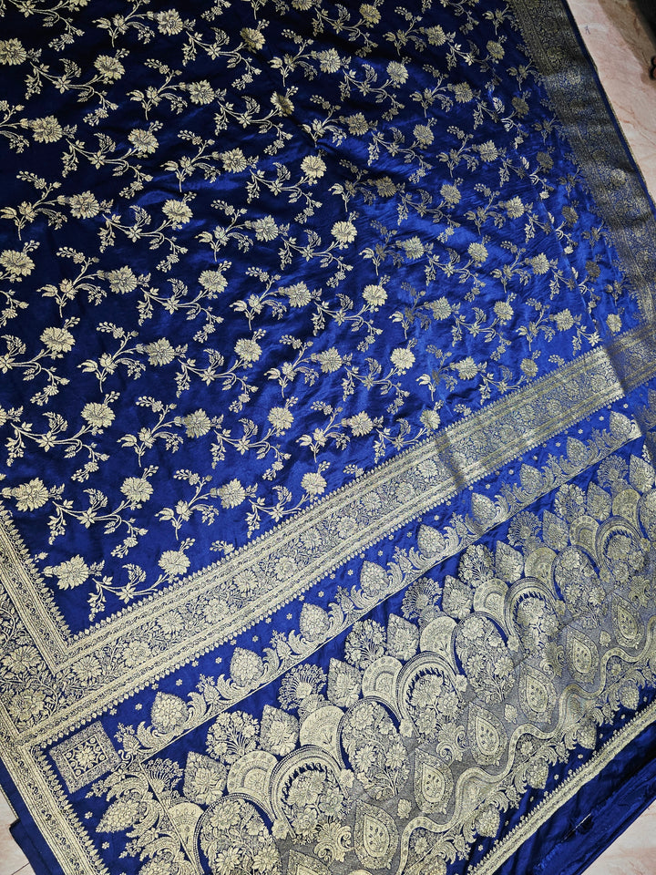 MASHRU KATAN SILK IN NAVY BLUE WITH GOLD ZARI WORK