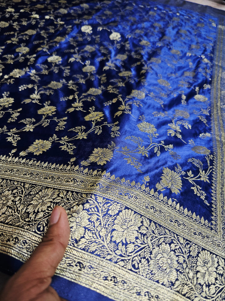 MASHRU KATAN SILK IN NAVY BLUE WITH GOLD ZARI WORK
