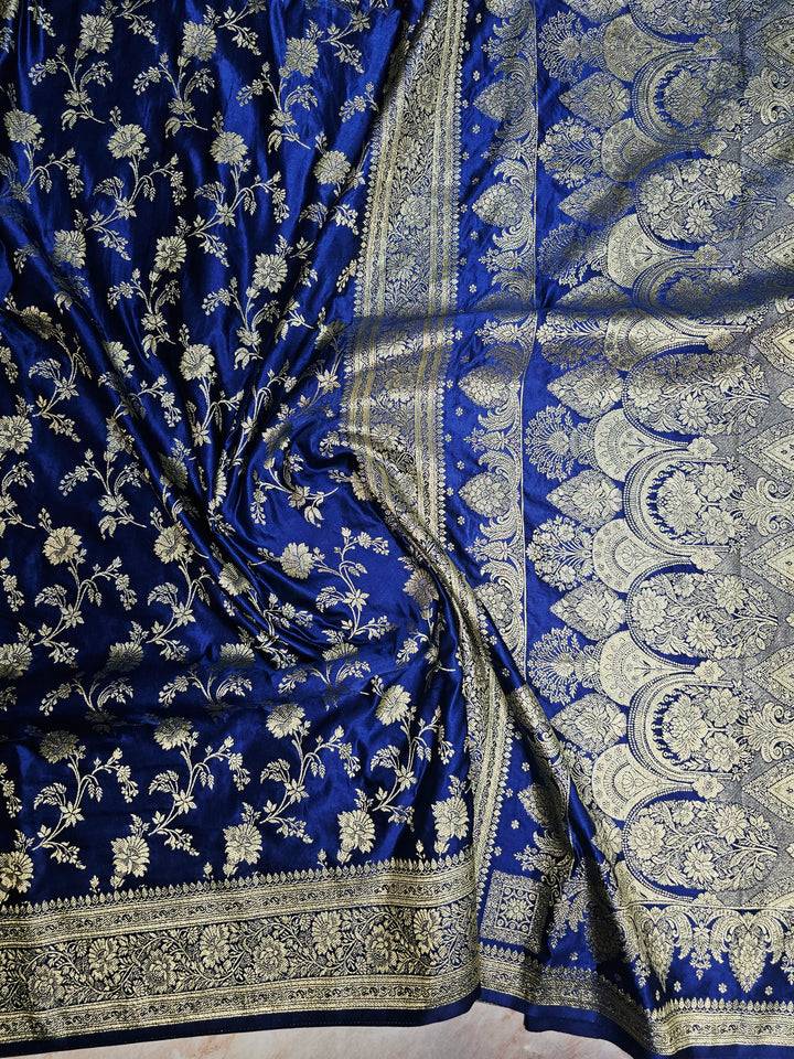 MASHRU KATAN SILK IN NAVY BLUE WITH GOLD ZARI WORK
