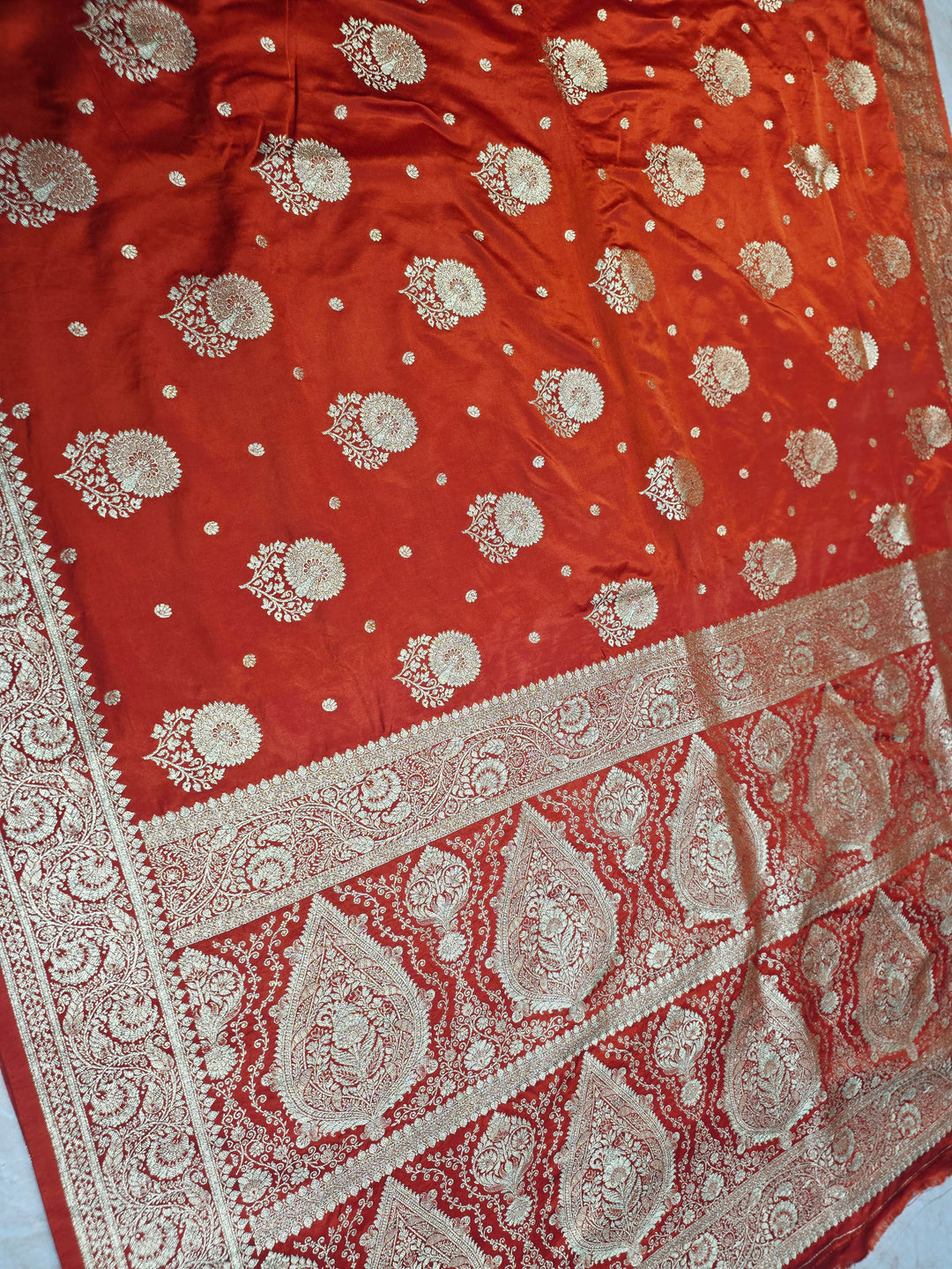 MASHRU KATAN SILK IN ORANGE WITH GOLD ZARI WORK BOOTA